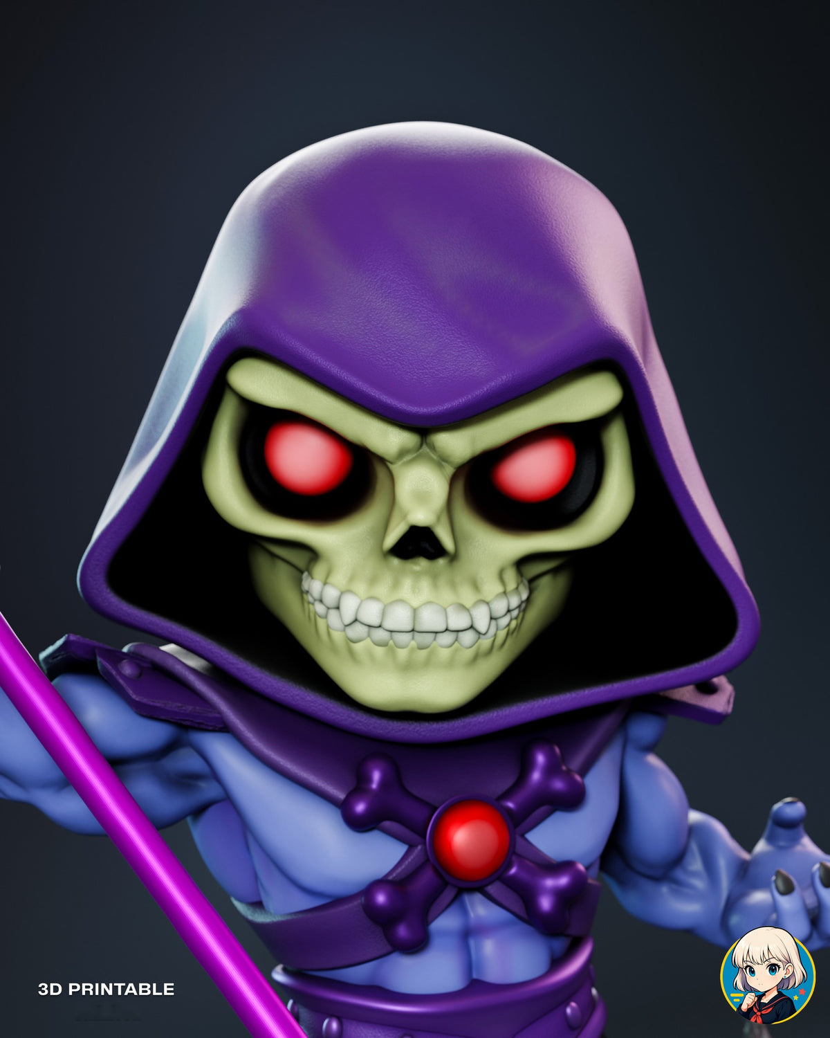 Sculptor's render (kit ships unpainted): close-up of the grinning skull face with glowing red eyes inside the purple hood, above the crossbones harness and red gem