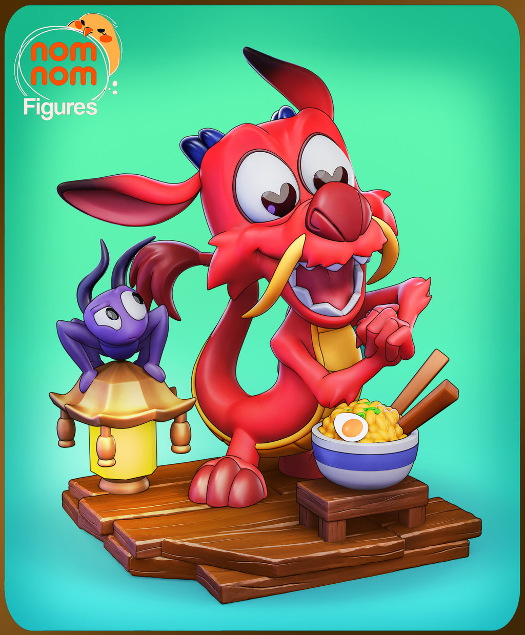 Sculptor's render of the painted design (kit ships unpainted): the red chibi dragon at a blue-banded bowl of noodles on a wooden plank base, with a purple cricket sitting on a yellow paper lantern