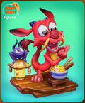 Sculptor's render of the painted design (kit ships unpainted): the red chibi dragon at a blue-banded bowl of noodles on a wooden plank base, with a purple cricket sitting on a yellow paper lantern