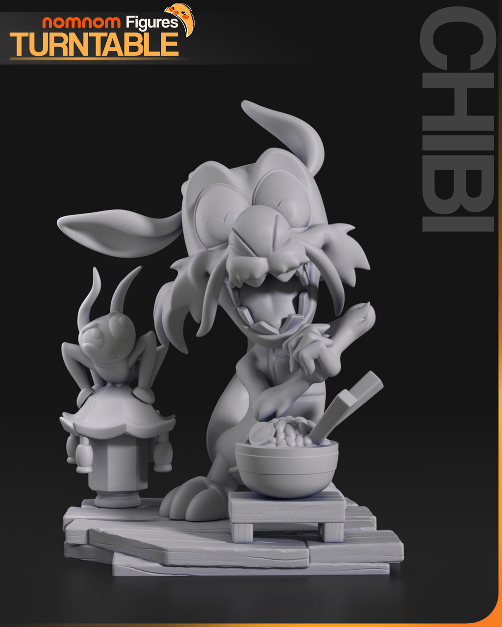 Sculptor's render (kit ships unpainted): gray front view of the dragon, the lantern with the cricket, the stool and the bowl on the plank base