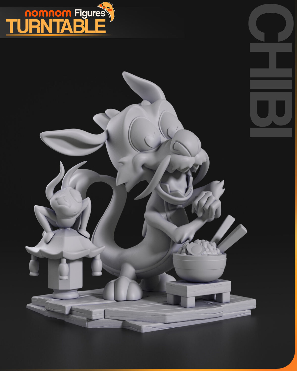 Sculptor's render (kit ships unpainted): gray three-quarter view with the tail curling behind him toward the lantern and the chopsticks standing in the bowl