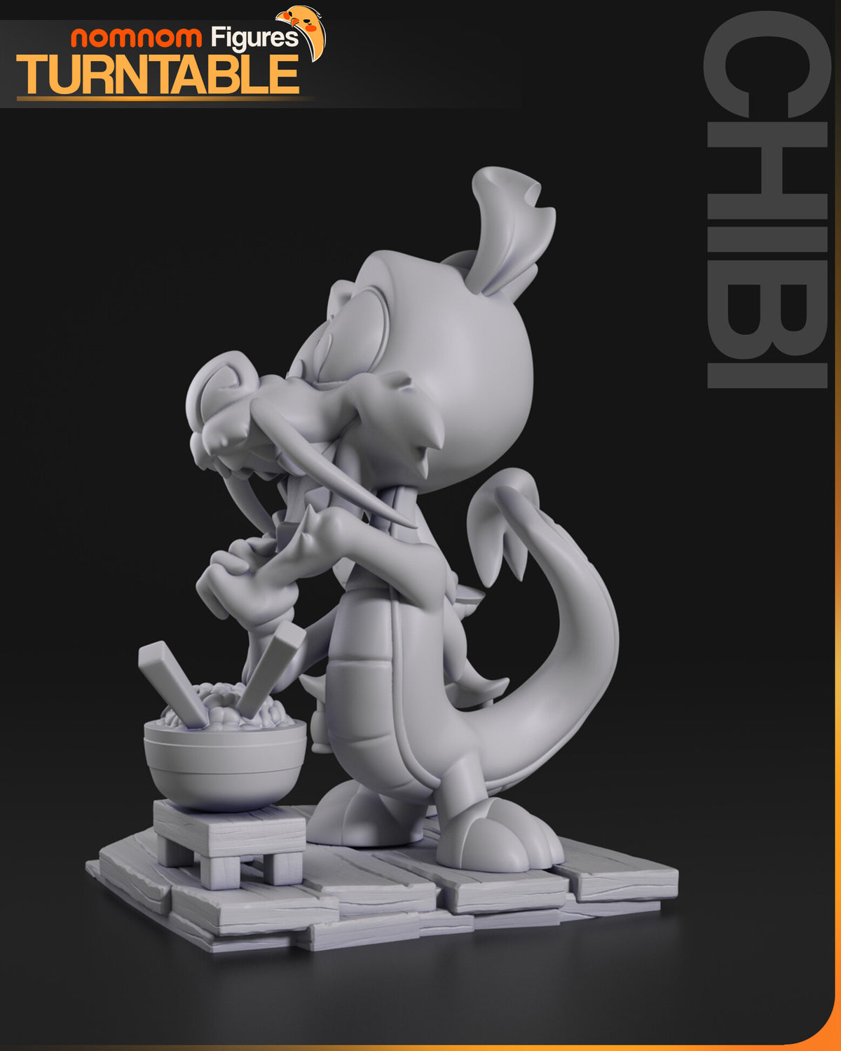 Sculptor's render (kit ships unpainted): gray view from his other side showing the fins down his back, the plated belly and the long tail