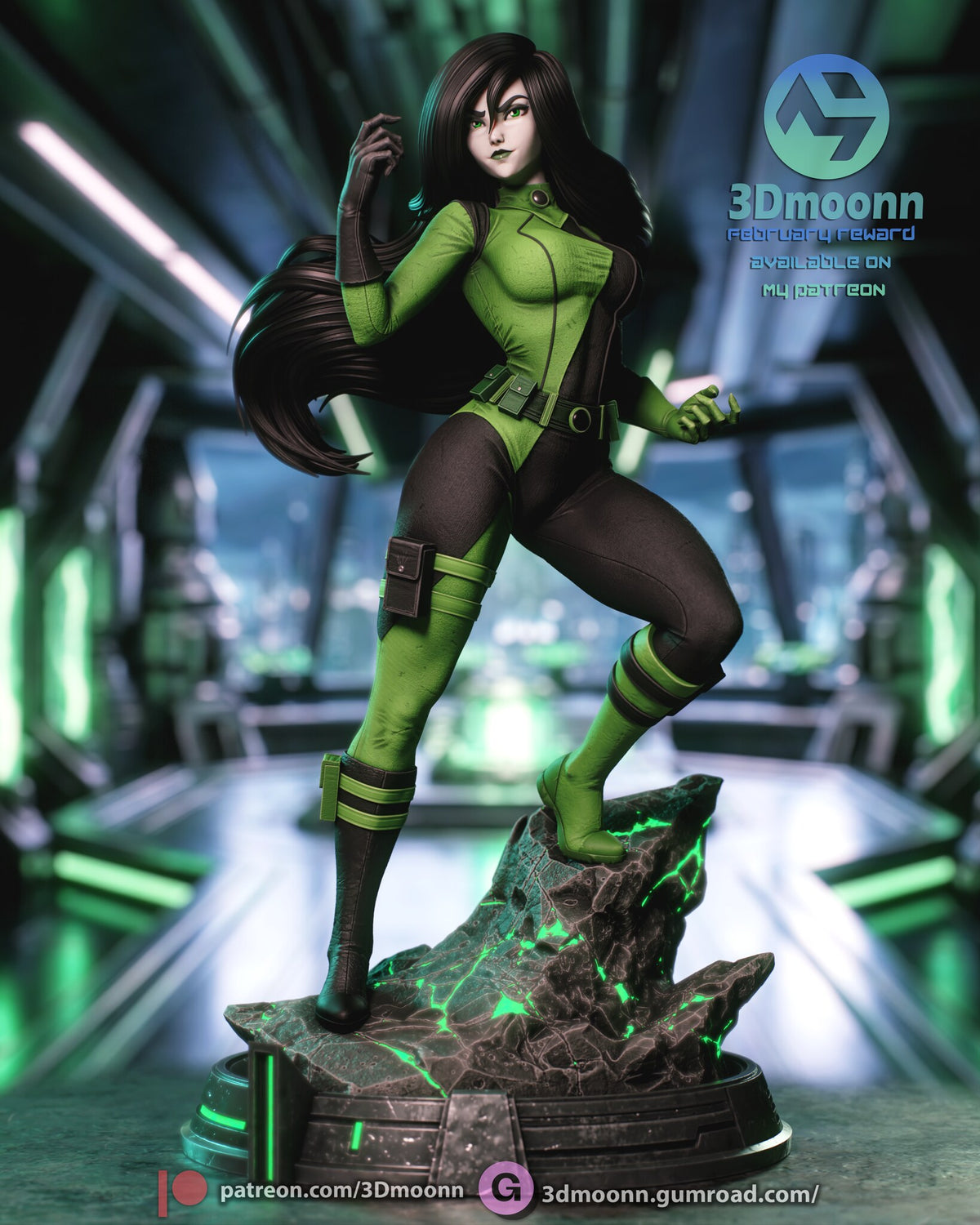 Sculptor's render of the painted design (kit ships unpainted): front three-quarter view of the figure in the green-and-black catsuit, one clawed hand raised and one boot up on the glowing rock, on the round base