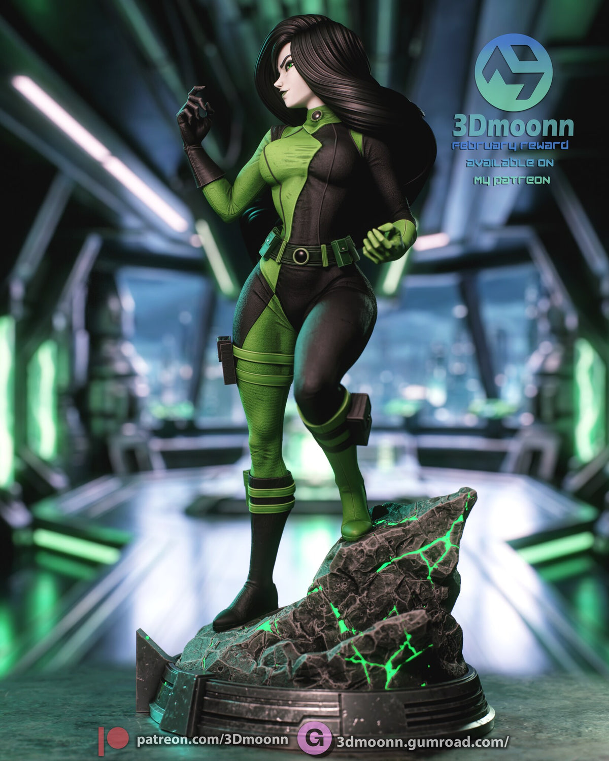 Sculptor's render (kit ships unpainted): side view with the long black hair streaming out behind her