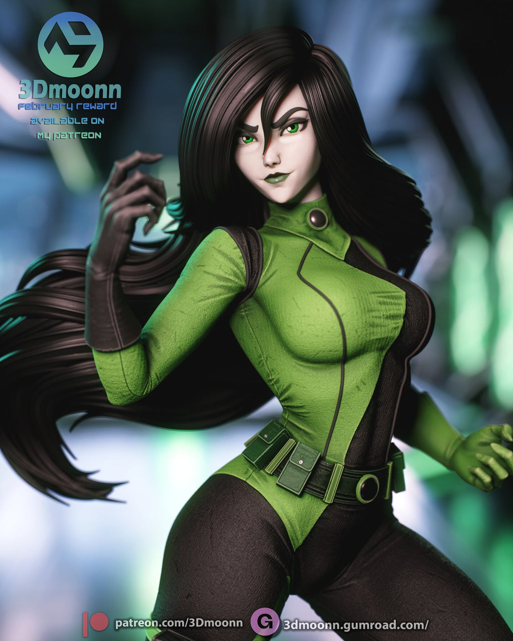 Sculptor's render (kit ships unpainted): close-up of the face with green eyes and lips and the clawed black gauntlet beside it
