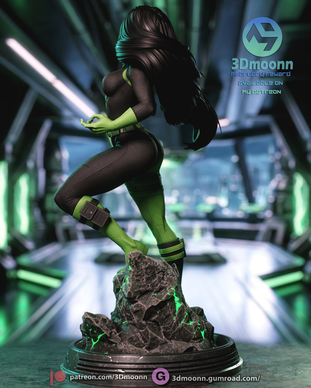 Sculptor's render (kit ships unpainted): rear three-quarter view of the hair, the back of the suit and the cracks in the rock