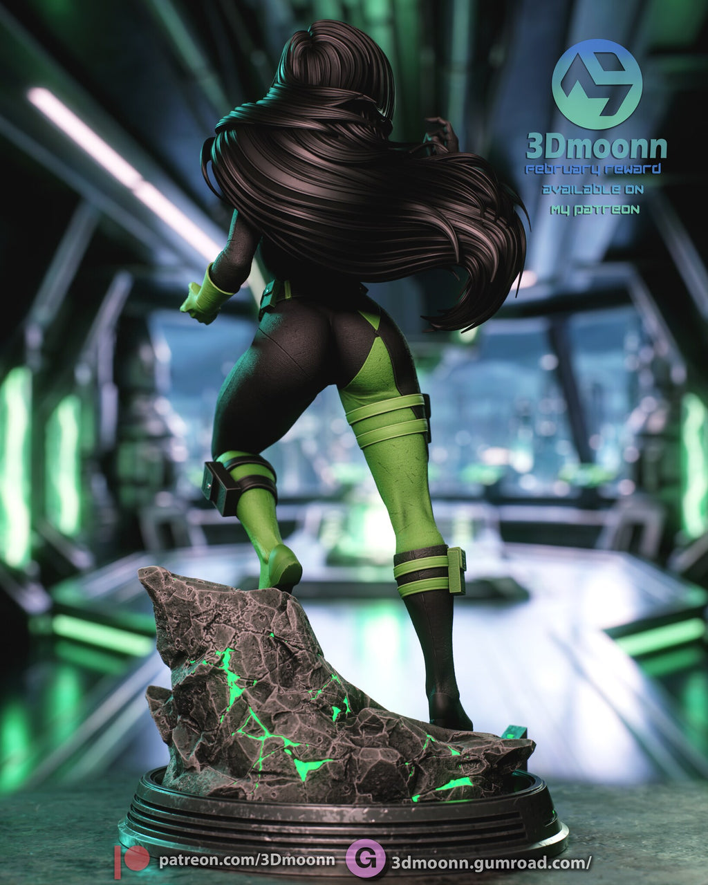 Sculptor's render (kit ships unpainted): back view of the hair fanned out and the green-and-black suit from behind