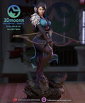 Sculptor's render of the painted design (kit ships unpainted): three-quarter full view of the half-elf ranger holding a longbow low across her hips, one boot up on the mossy rock base