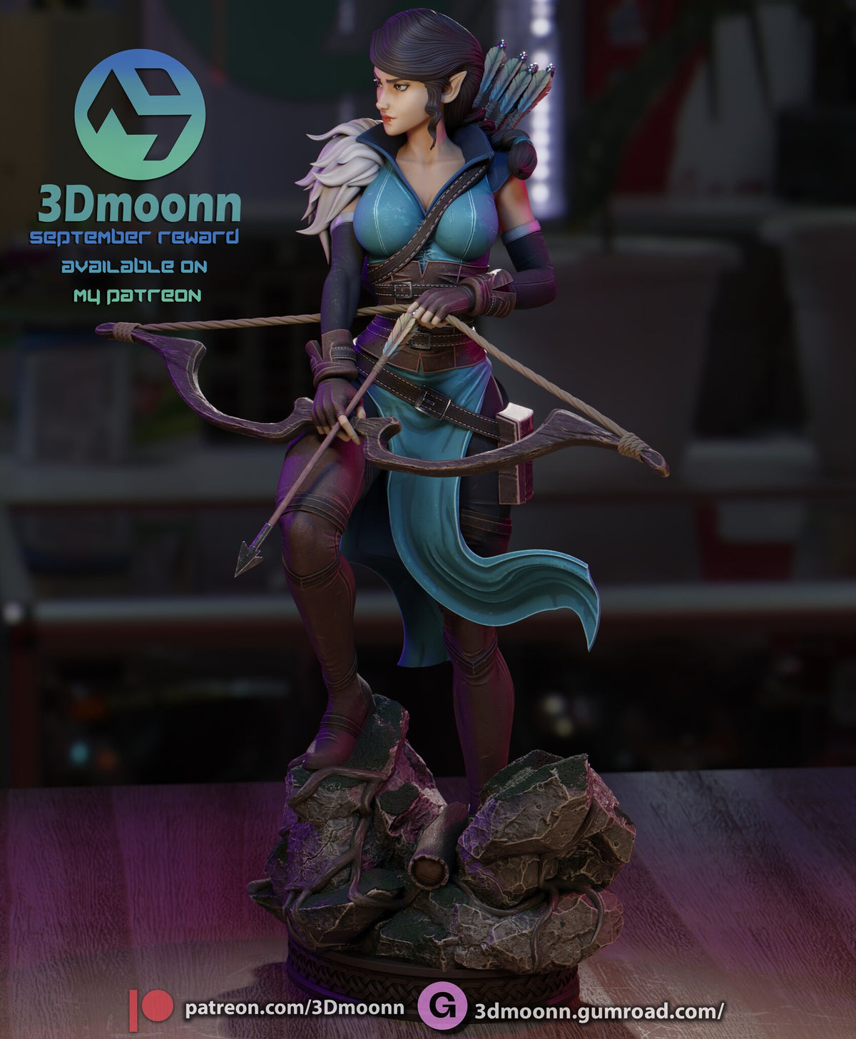 Sculptor's render (kit ships unpainted): straight front view showing the corset belt, hip belt, tabard panels and the hollow log in the base