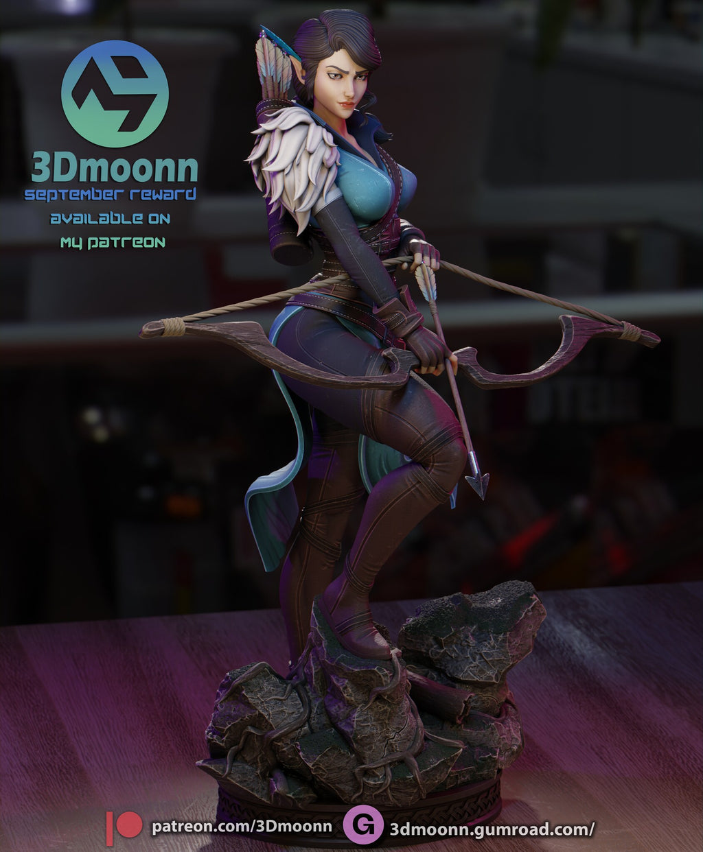 Sculptor's render (kit ships unpainted): full-length three-quarter view with the white fur pauldron and the feathers behind her ear