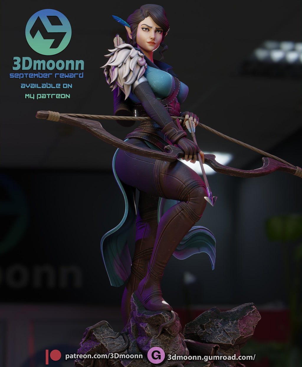 Sculptor's render (kit ships unpainted): closer view from the rocks up, with the gloved hands on the bow and the strapped thigh-high boots