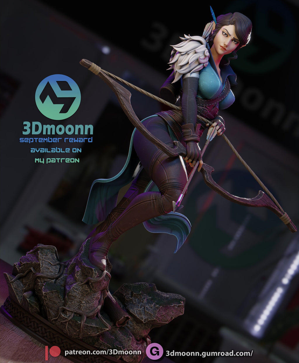 Sculptor's render (kit ships unpainted): low tilted view with the knotwork plinth, the roots on the tall rock and the bow angled across her body
