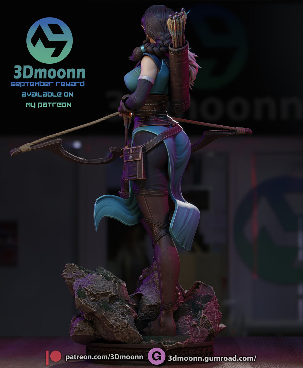 Sculptor's render (kit ships unpainted): rear three-quarter view of the braid, the quiver of arrows, the belt pouch and the back tabard panel