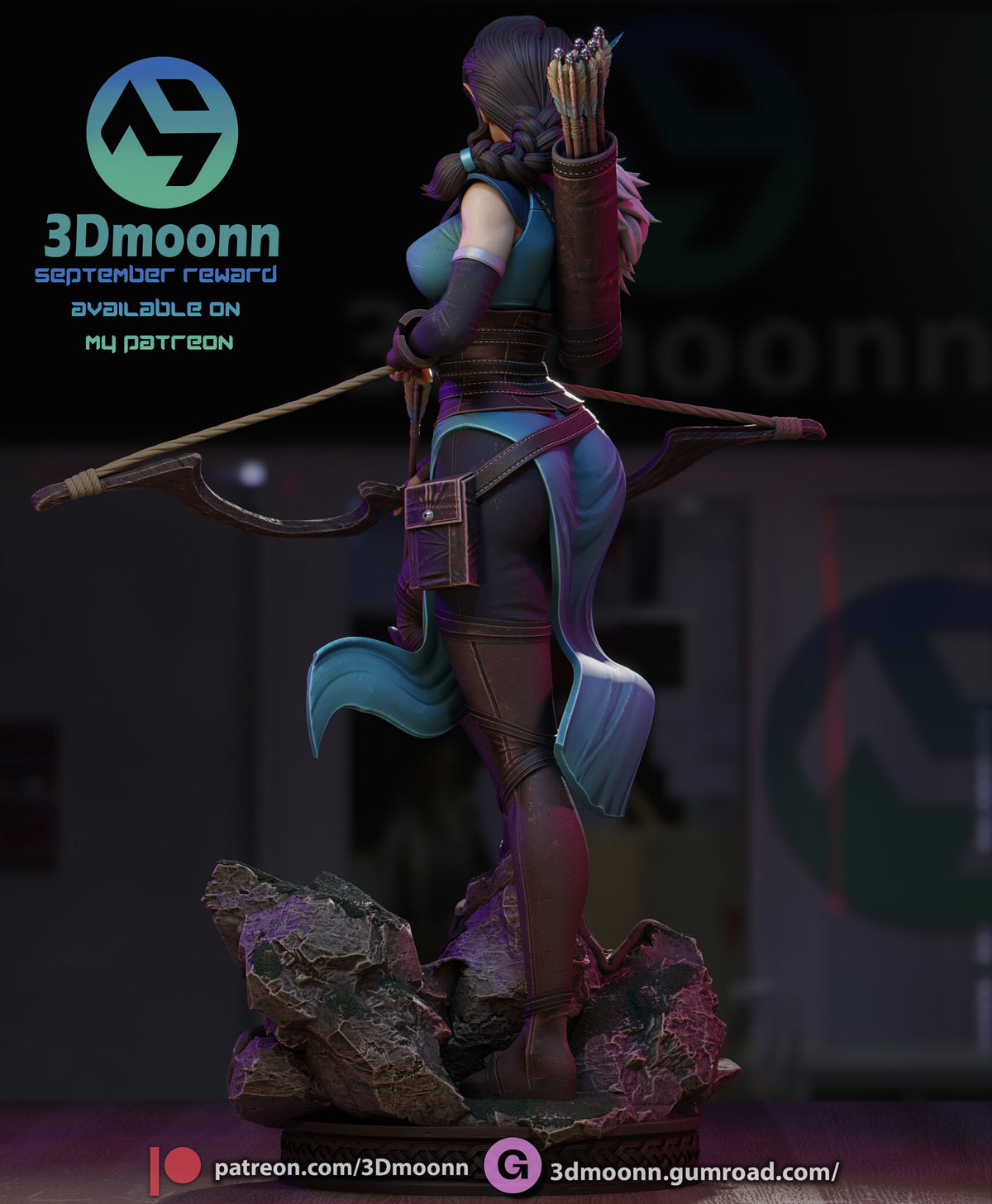Sculptor's render (kit ships unpainted): rear three-quarter view of the braid, the quiver of arrows, the belt pouch and the back tabard panel