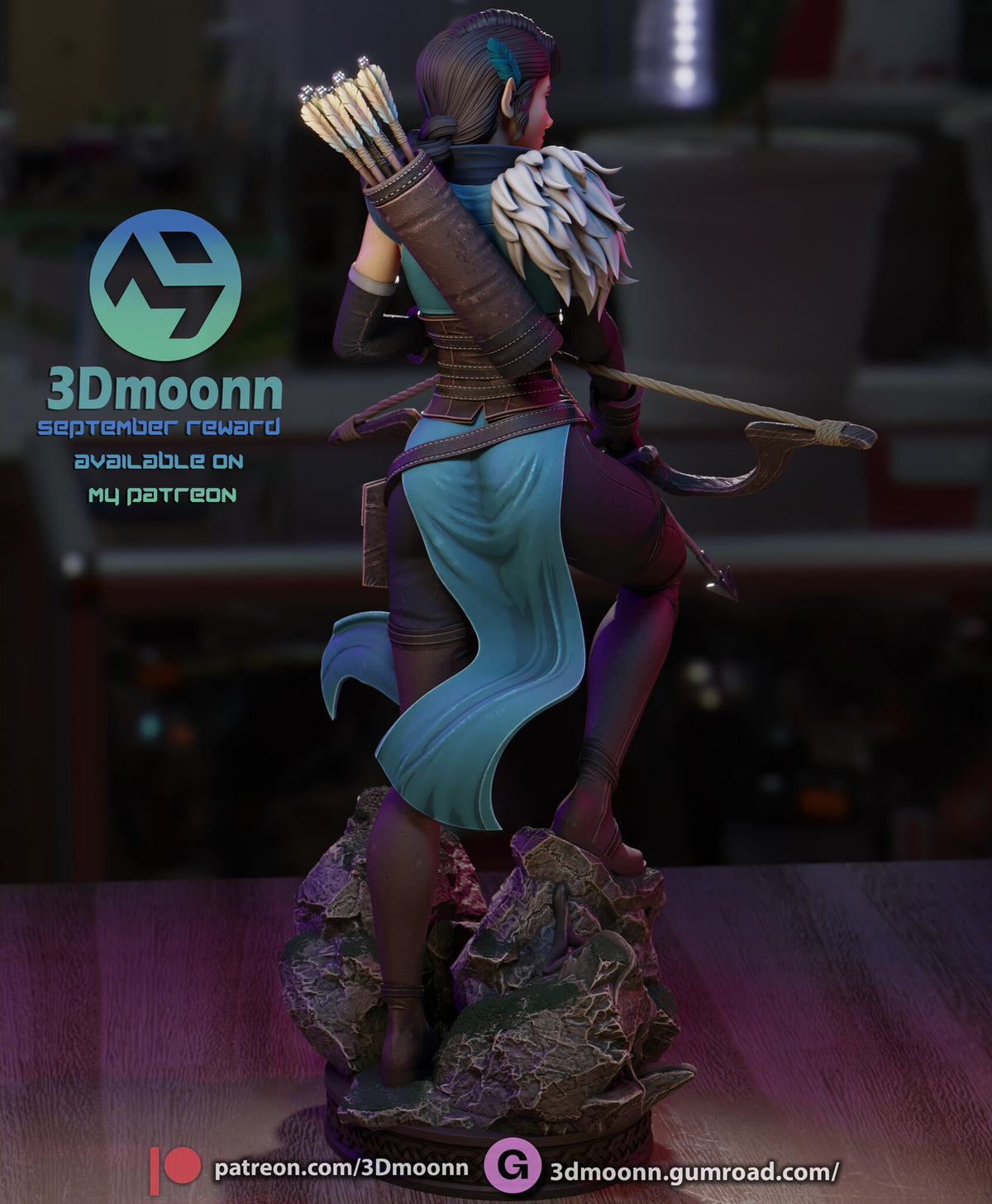 Sculptor's render (kit ships unpainted): back view of the fur pauldron and the long leather quiver slung across her back