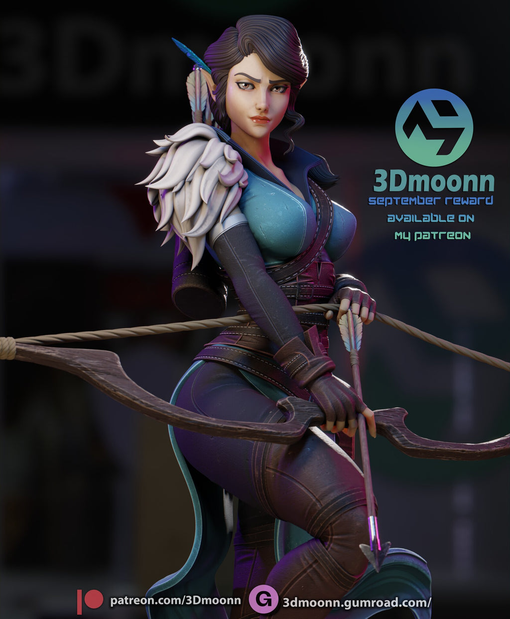 Sculptor's render (kit ships unpainted): close-up of the face with winged liner, the feathers behind her ear and the rope bowstring in her fingers