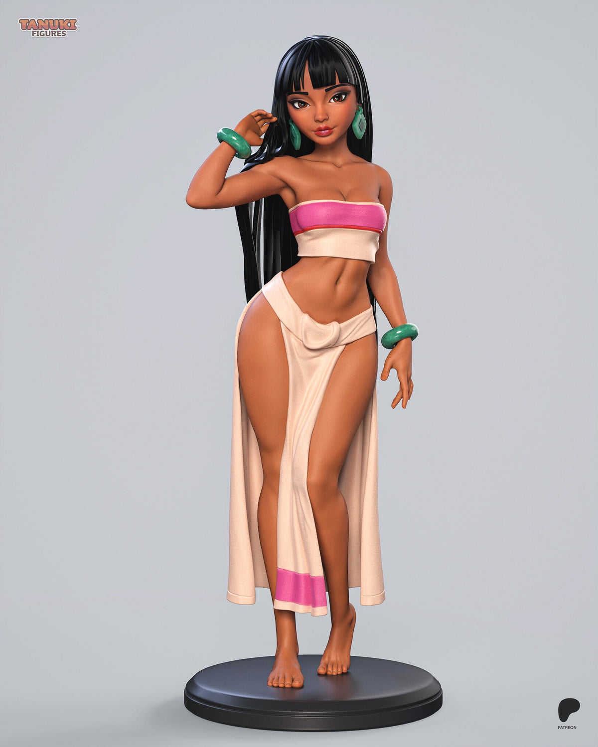 Sculptor's render of the painted design (kit ships unpainted): full figure from the front, one hand raised to her long black hair, on the round base