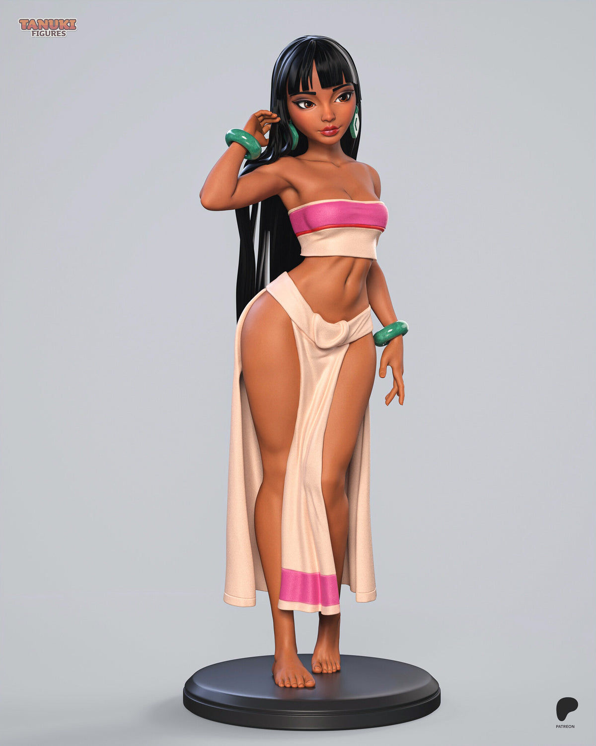 Sculptor's render (kit ships unpainted): front three-quarter view showing the slit wrap skirt and its pink hem
