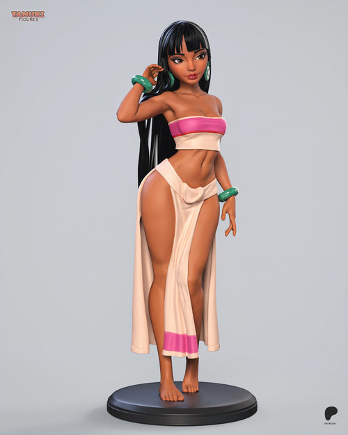 Sculptor's render (kit ships unpainted): front three-quarter view showing the slit wrap skirt and its pink hem