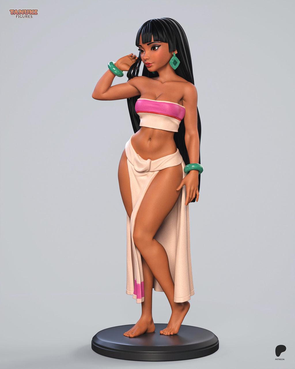Sculptor's render (kit ships unpainted): three-quarter view from her right, eyes turned away, arm raised to her hair