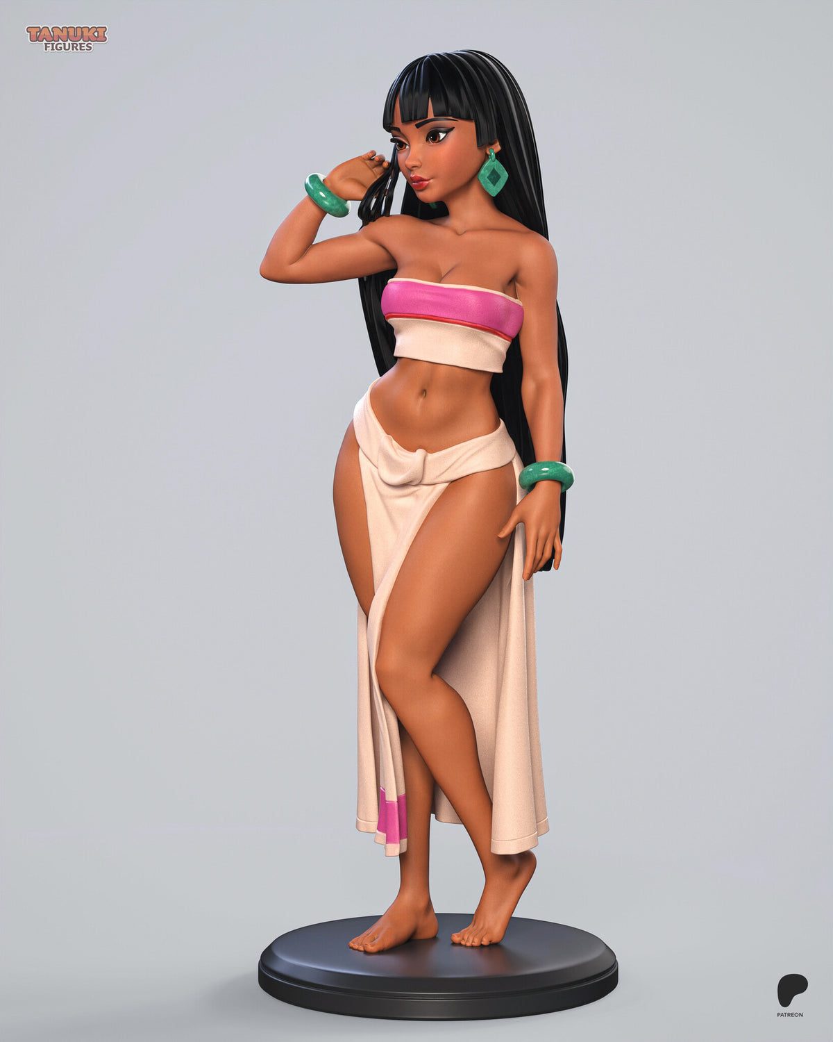 Sculptor's render (kit ships unpainted): three-quarter view from her right, eyes turned away, arm raised to her hair
