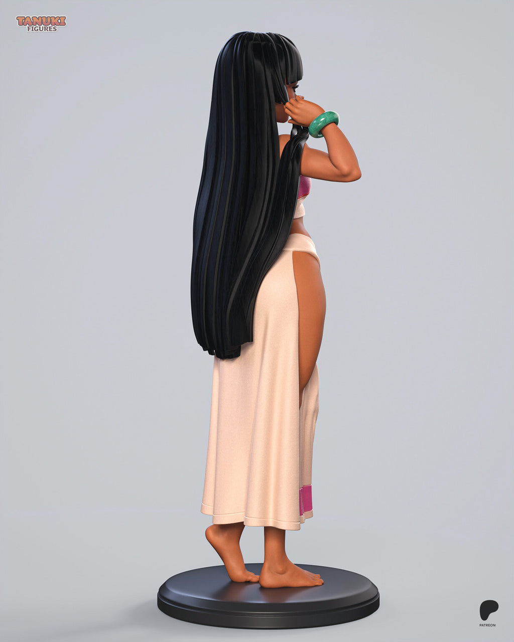 Sculptor's render (kit ships unpainted): back view with the long straight hair falling over the cream skirt