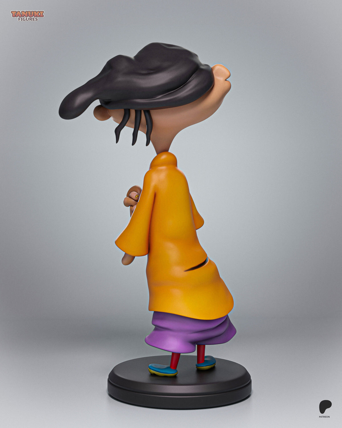 Sculptor's render (kit ships unpainted): view from behind his left shoulder showing the back of the hat, the long shirt and the shorts