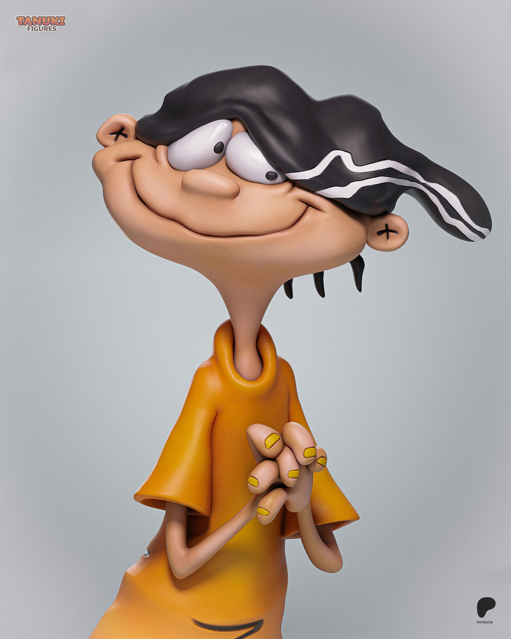 Sculptor's render (kit ships unpainted): close-up of the grinning face under the striped sock hat, with the fingers laced at his chest
