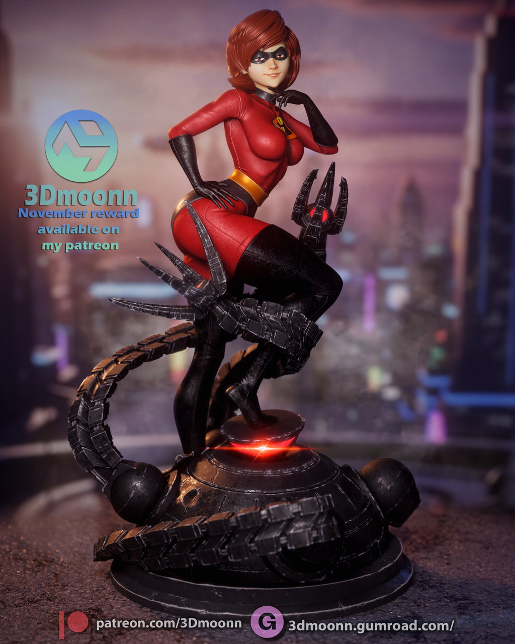 Sculptor's render of the painted design (kit ships unpainted): front three-quarter view, one boot up on the glowing red cap of the tentacled robot base