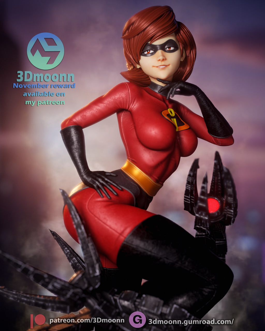 Sculptor's render (kit ships unpainted): close-up of the masked face, finger at her chin and hand on her hip