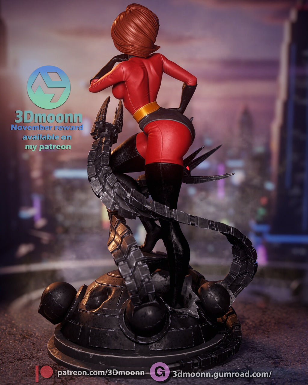 Sculptor's render (kit ships unpainted): rear view with the segmented tentacles rising behind her
