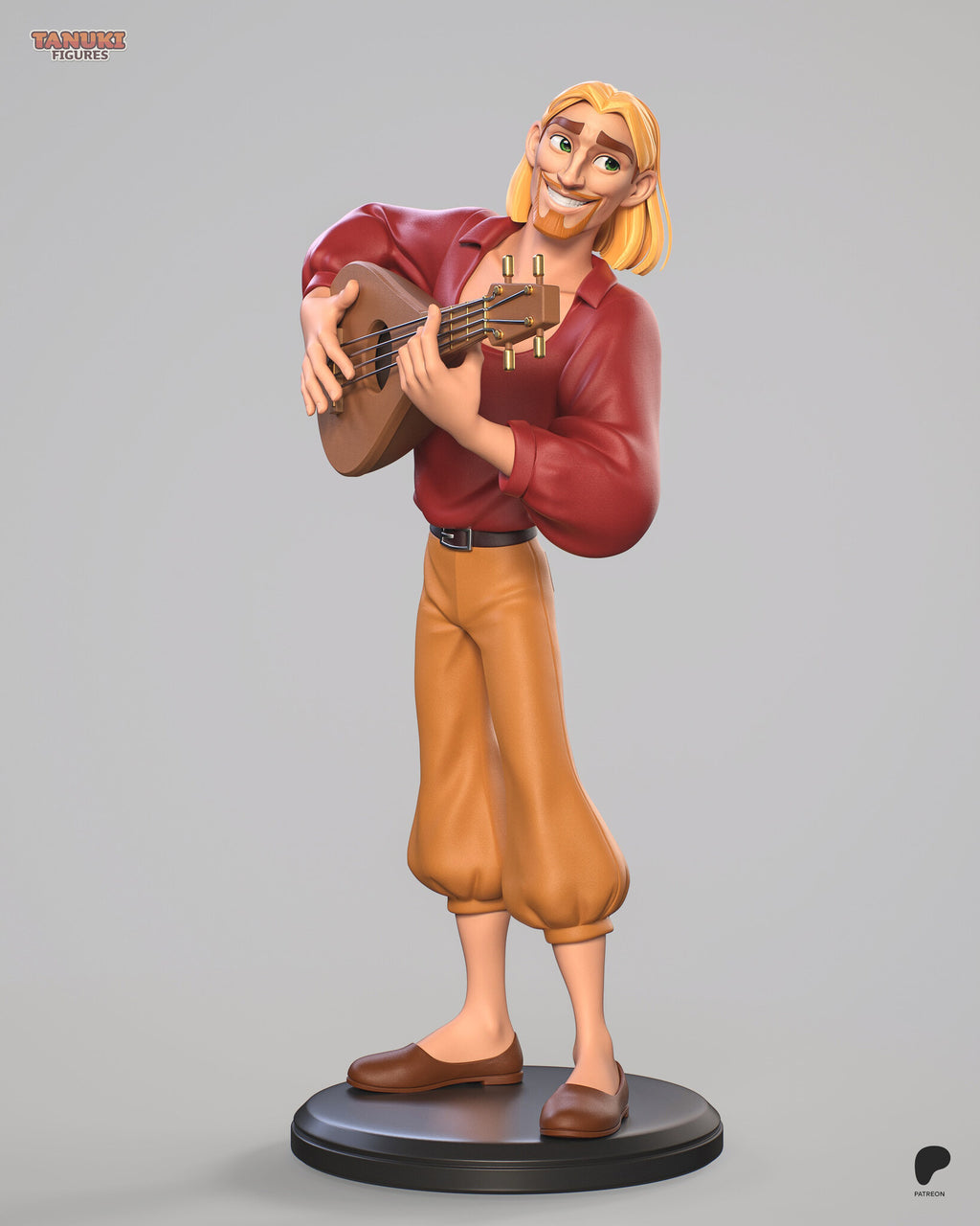 Sculptor's render of the painted design (kit ships unpainted): full front three-quarter view of the grinning blond, bearded lute player in a red shirt and orange-tan trousers on a round black base