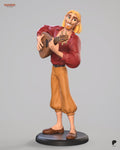 Sculptor's render of the painted design (kit ships unpainted): full front three-quarter view of the grinning blond, bearded lute player in a red shirt and orange-tan trousers on a round black base