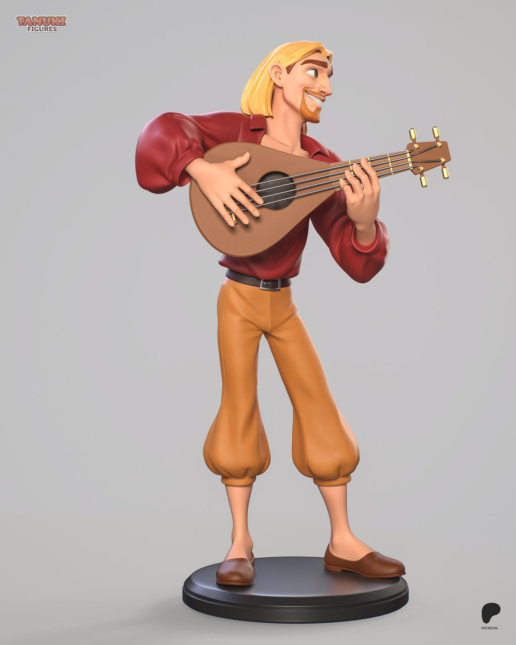Sculptor's render (kit ships unpainted): full front view with the lute held across his chest, its neck angled up to one side