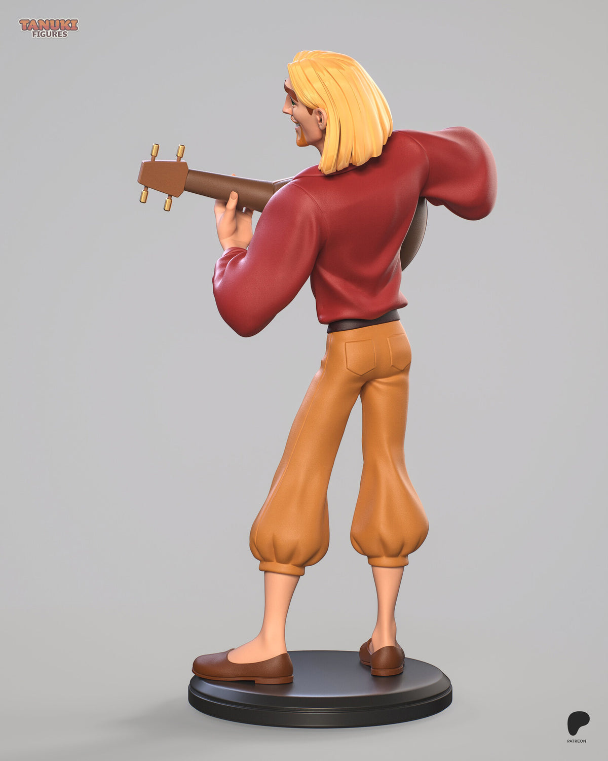 Sculptor's render (kit ships unpainted): rear view showing the shoulder-length hair, the full sleeves and the trouser pockets