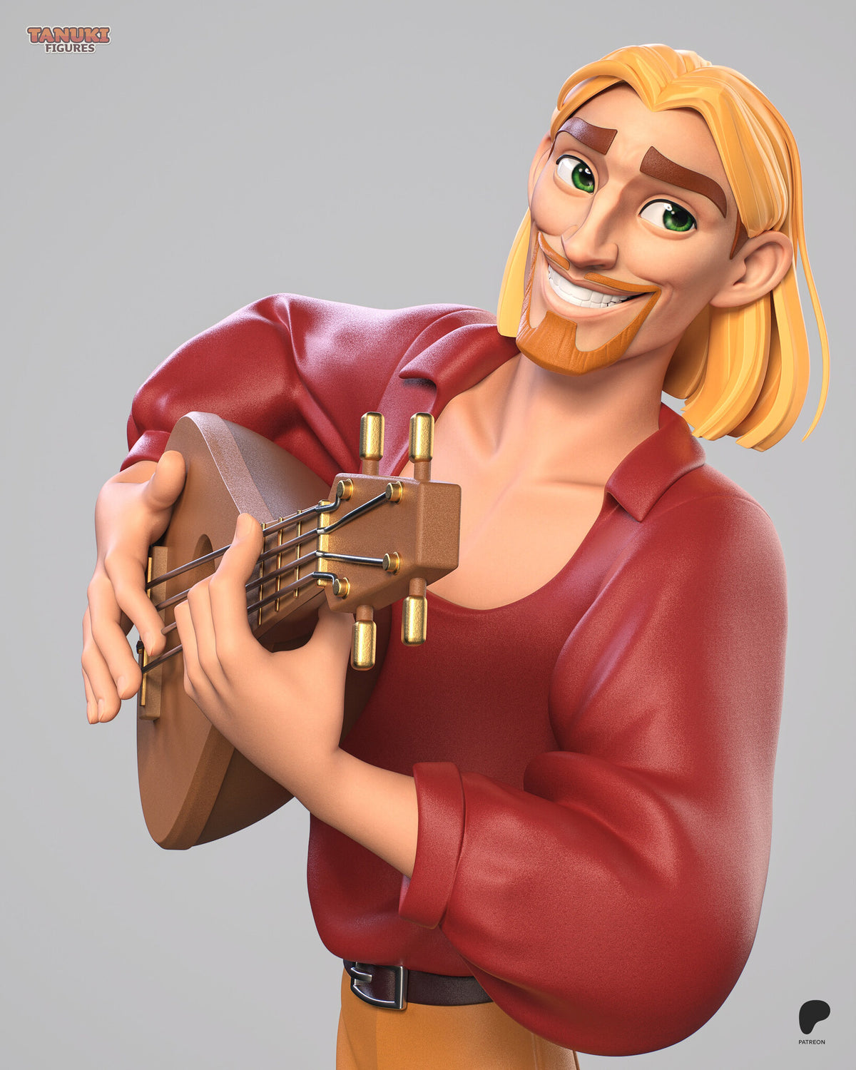 Sculptor's render (kit ships unpainted): close-up of the grinning face, the trimmed beard and the hands on the lute strings