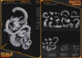Studio scale and parts sheet (kit ships unpainted): the studio's sizes for each version, including the miniature (121 mm tall, 56 mm wide, 83 mm long), with the miniature's parts shown at the bottom