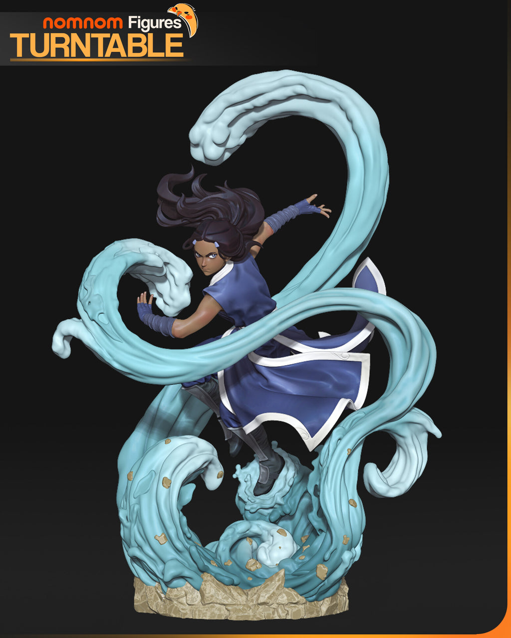 Sculptor's render of the painted design (kit ships unpainted): the miniature is the same sculpt at 121 mm tall; front view of the girl balanced on one boot on a water spout, three arcs of pale blue water curling around her