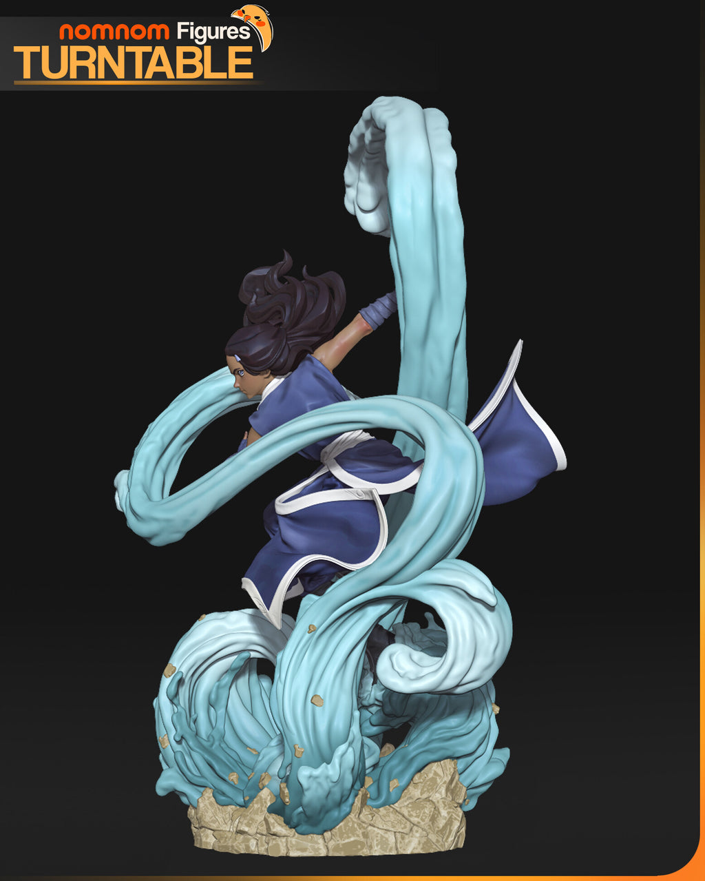 Sculptor's render of the painted design (kit ships unpainted): the miniature is the same sculpt at 121 mm tall; side view with the water band crossing in front of her