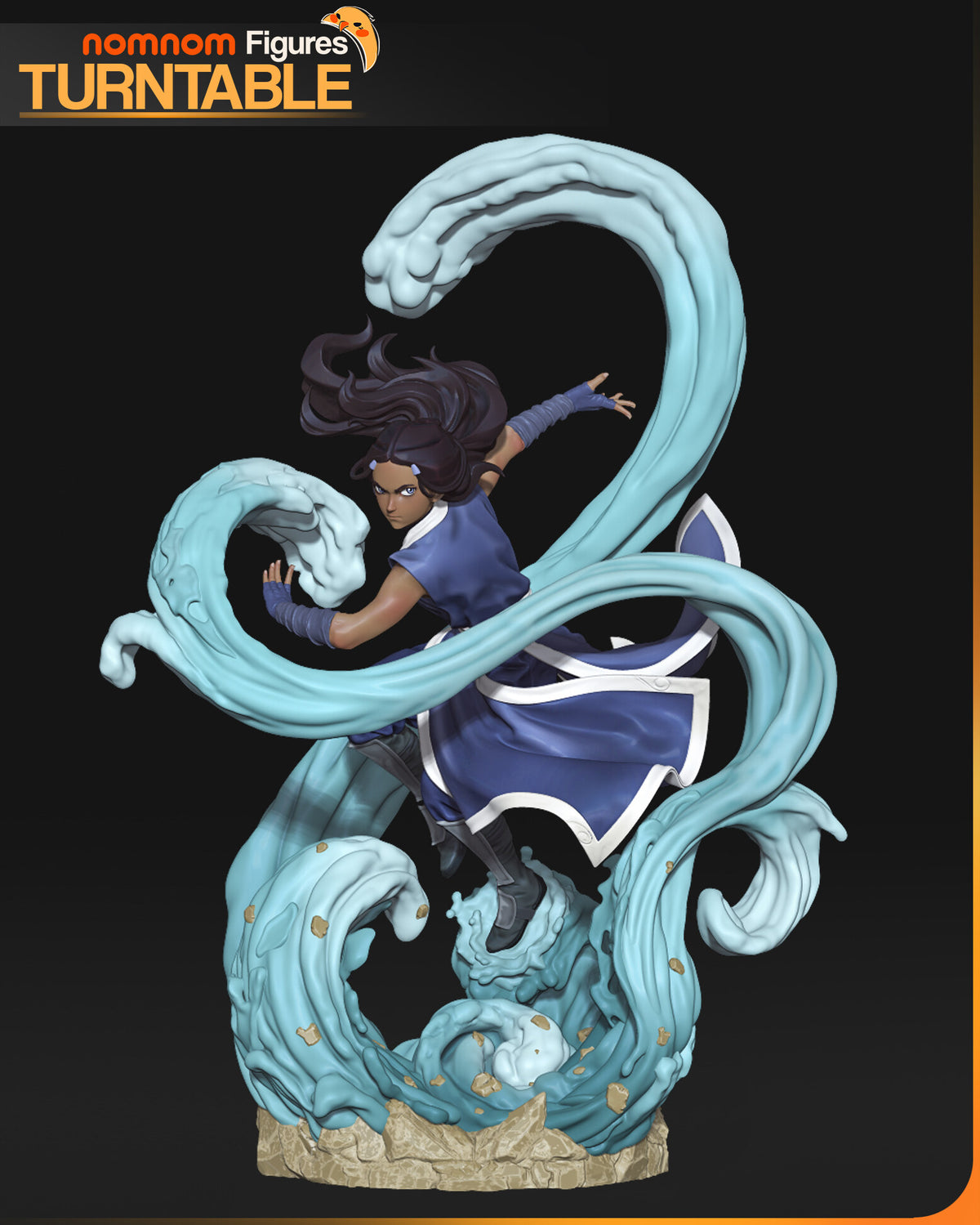 Sculptor's render of the painted design (kit ships unpainted): front view of the girl balanced on one boot on a water spout, three arcs of pale blue water curling around her, on a tan rock base