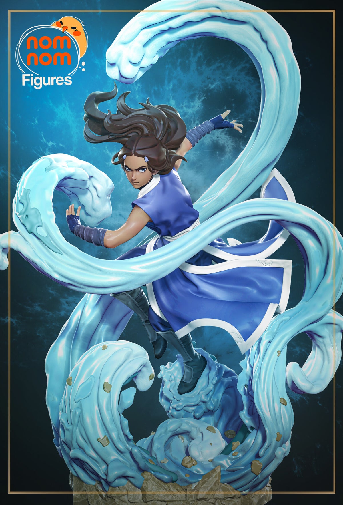 Sculptor's render (kit ships unpainted): painted front view against a dark blue sky, the tall water hook breaking above her head