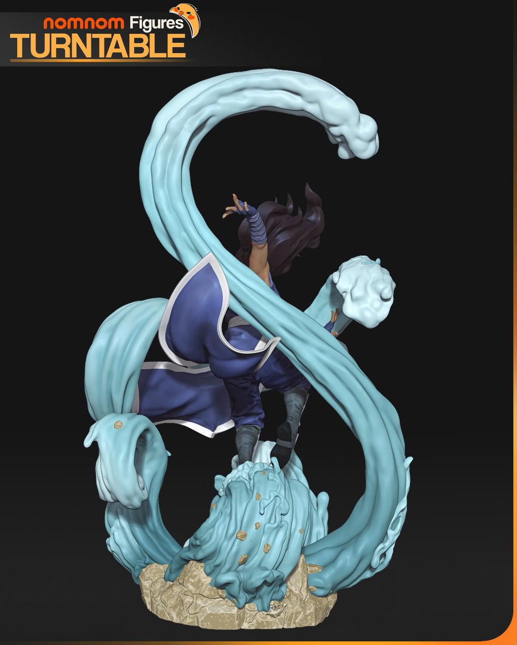 Sculptor's render (kit ships unpainted): rear view of the back skirt panel, the flying hair and the coil of water