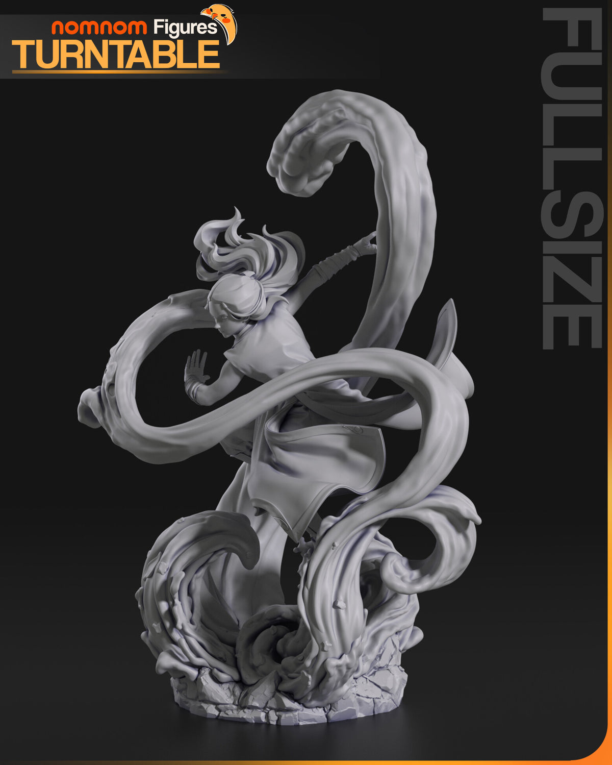 Sculptor's render (kit ships unpainted): gray rear view from her left, the back coil of water in profile