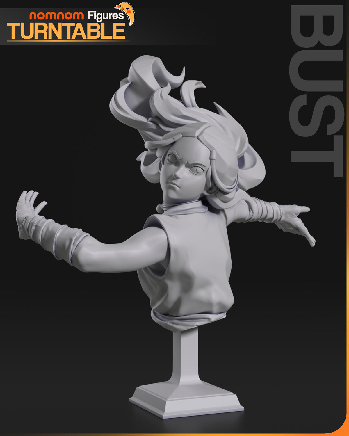 Sculptor's render of the design, shown in gray (kit ships unpainted): bust of the girl with her arms spread wide and her hair flying back, in a sleeveless tunic, on a small square plinth