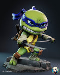 Sculptor's render of the painted design (kit ships unpainted): three-quarter front view of the whole figure lunging with both katanas drawn on the cracked two-level pavement base