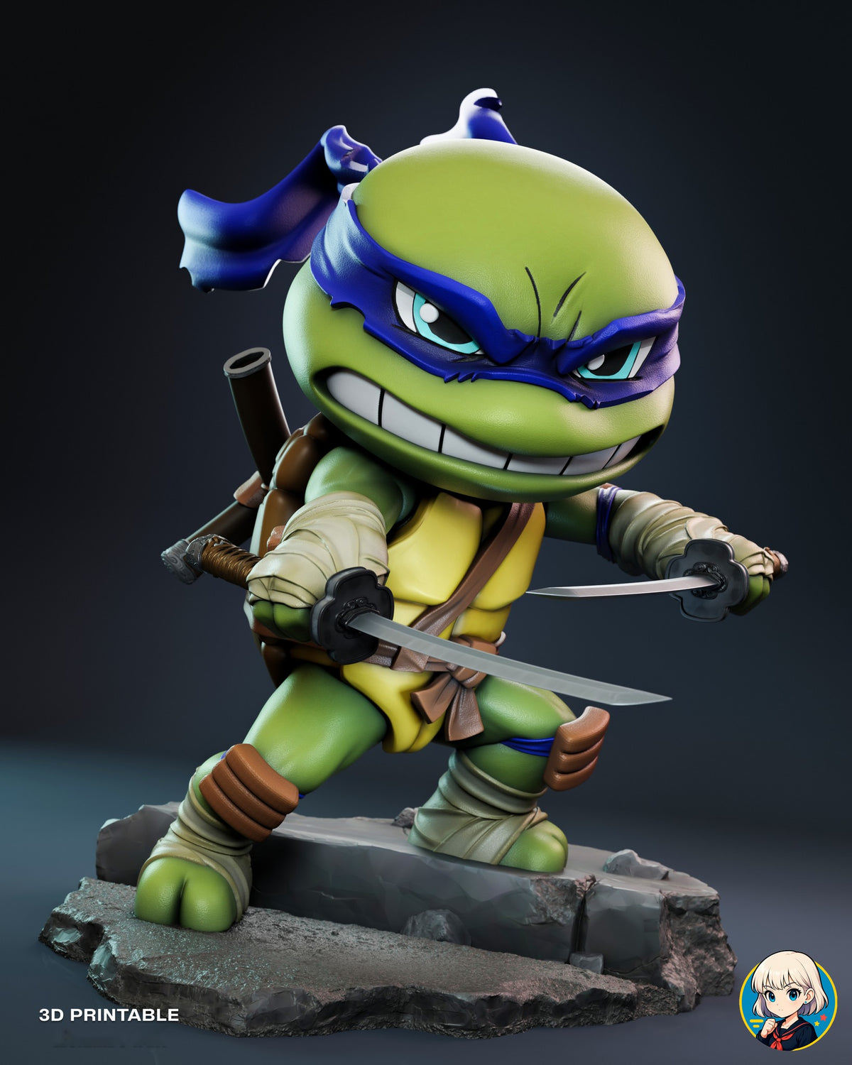 Sculptor's render of the painted design (kit ships unpainted): three-quarter front view of the whole figure lunging with both katanas drawn on the cracked two-level pavement base