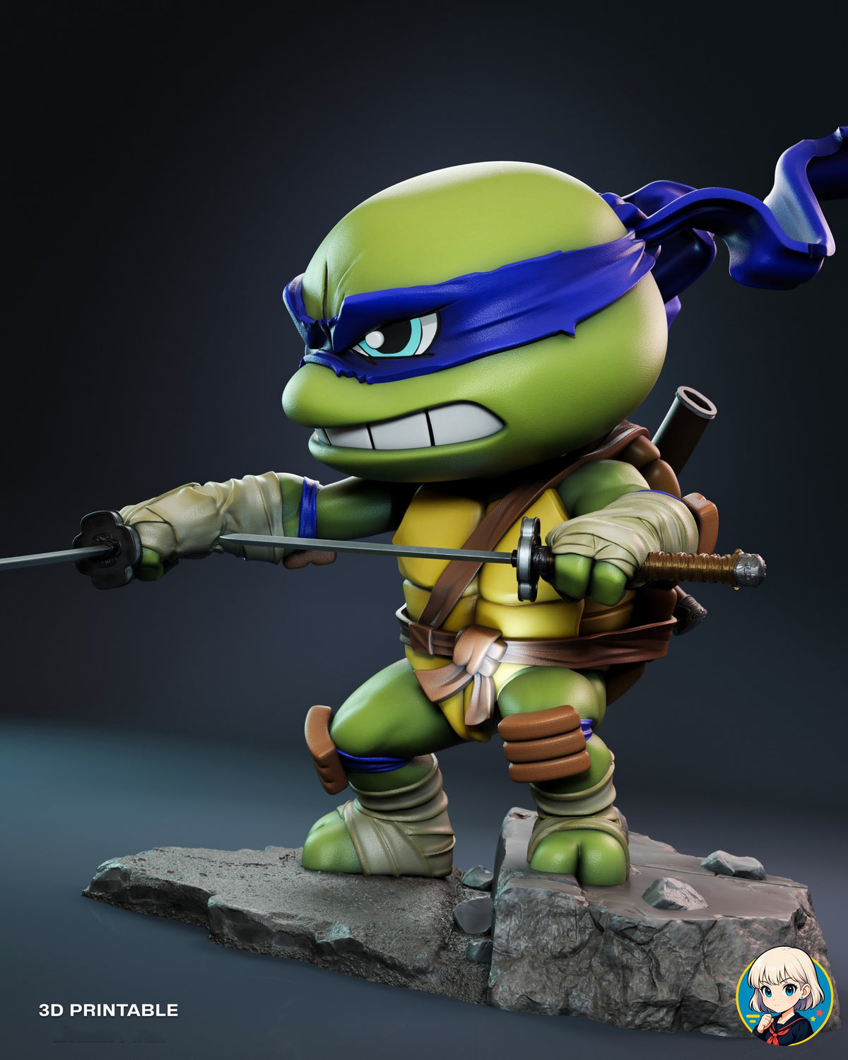 Sculptor's render (kit ships unpainted): view from his left, one arm reaching far forward with a katana and the other holding a blade across his chest