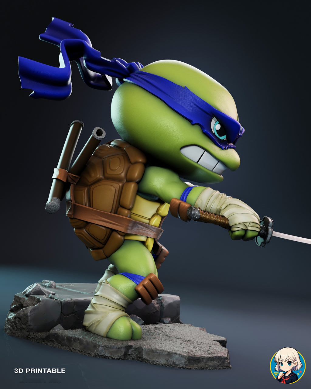 Sculptor's render (kit ships unpainted): side view lunging forward with a katana, the mask tails streaming out behind