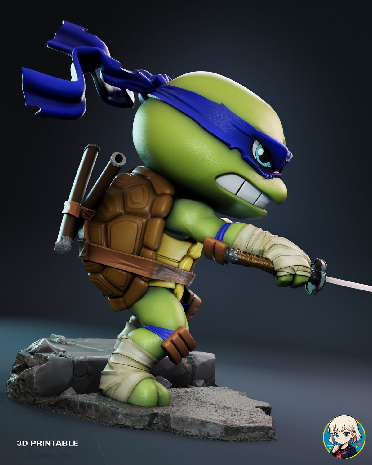 Sculptor's render (kit ships unpainted): side view lunging forward with a katana, the mask tails streaming out behind