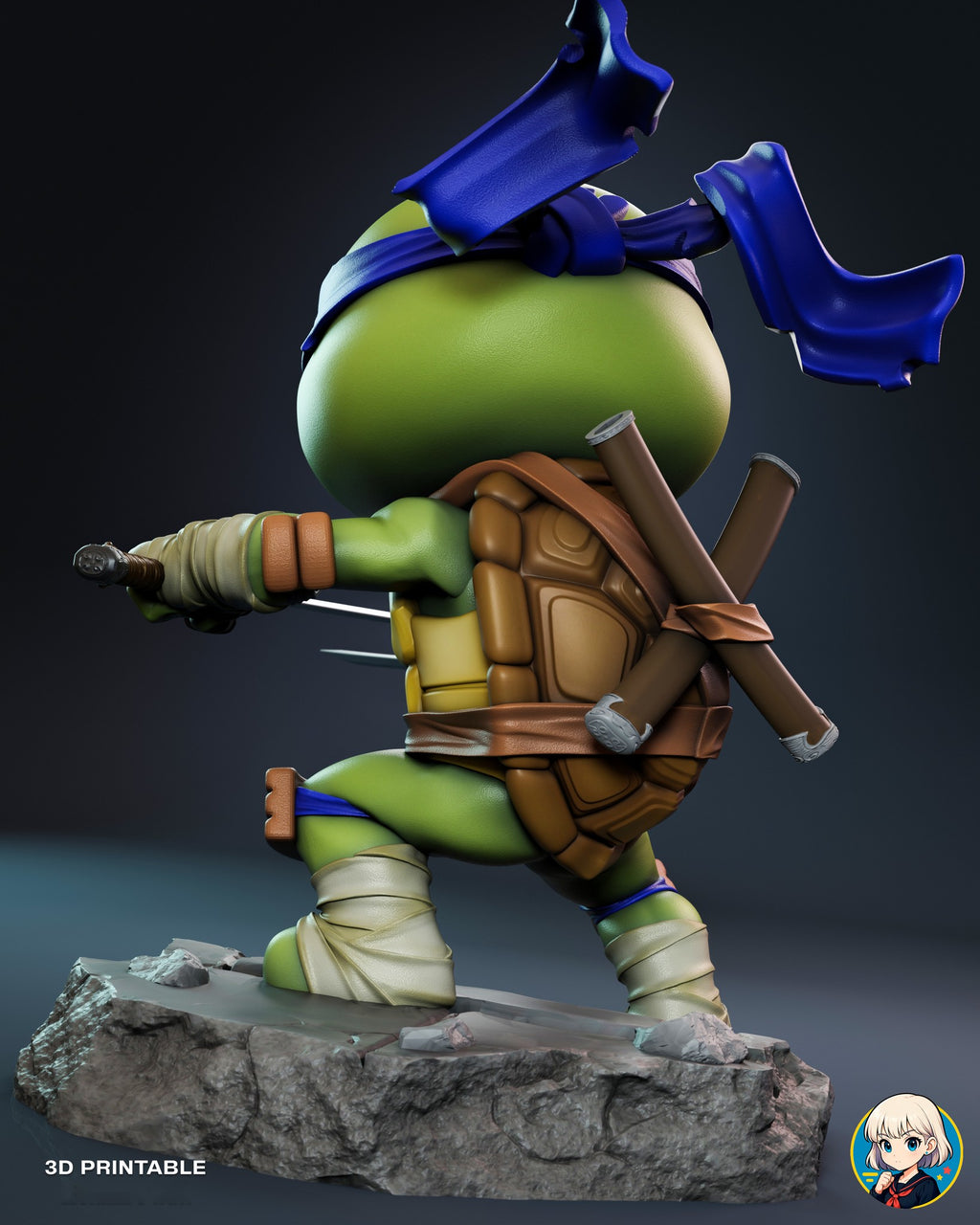 Sculptor's render (kit ships unpainted): back view showing the brown shell, the two crossed scabbards and the knotted mask tails